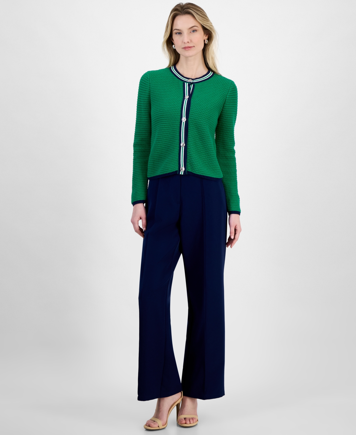 T Tahari Women's Long-sleeve Button-up Sweater In Green Wave Combo
