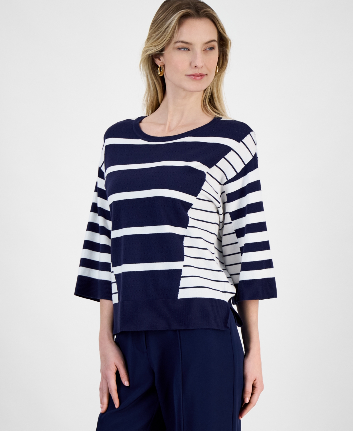 T Tahari Women's Striped 3/4-sleeve Sweater In Evening Navy,white Stripe