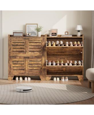 Shoe Storage Cabinet with 2 Flip Drawers, Narrow Shoe Cabinet for Entryway, Freestanding Hidden Slim Shoe Organizer Cabinet with Hooks for Foyer, Hallway, Garage