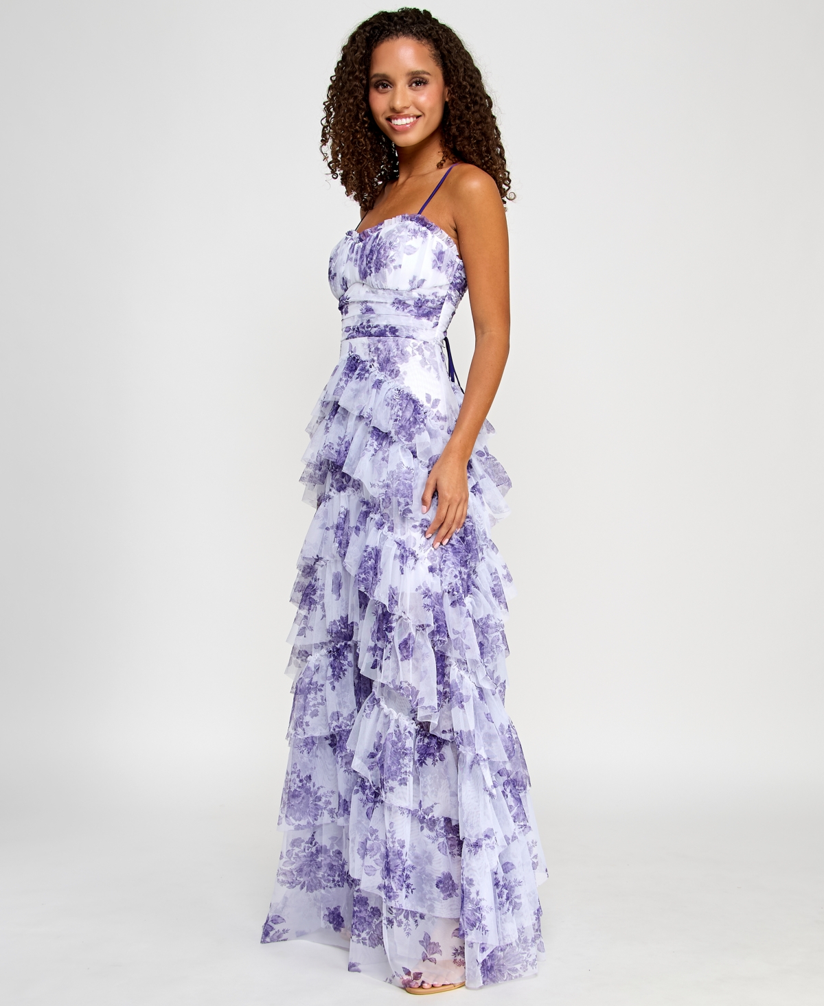 Pear Culture Juniors' Floral Print Ruffled Sleeveless Gown In White,purple