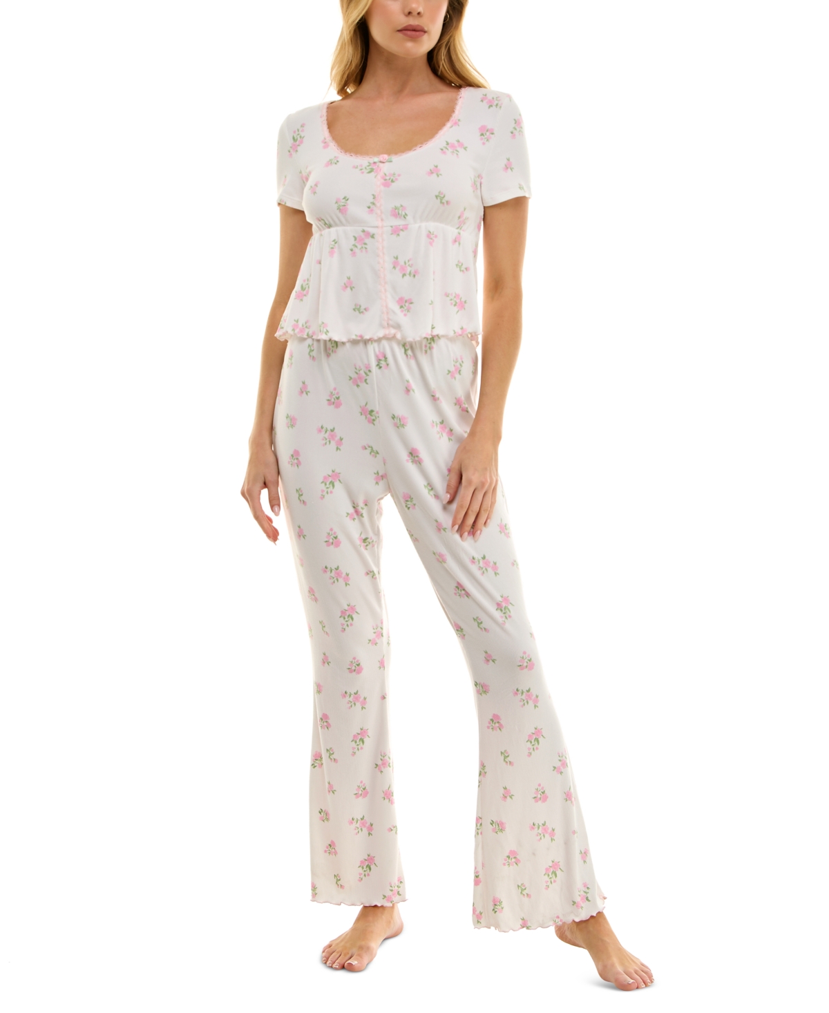 Women's Flared Floral Ribbed Pajama Set - Rococo Floating Roses