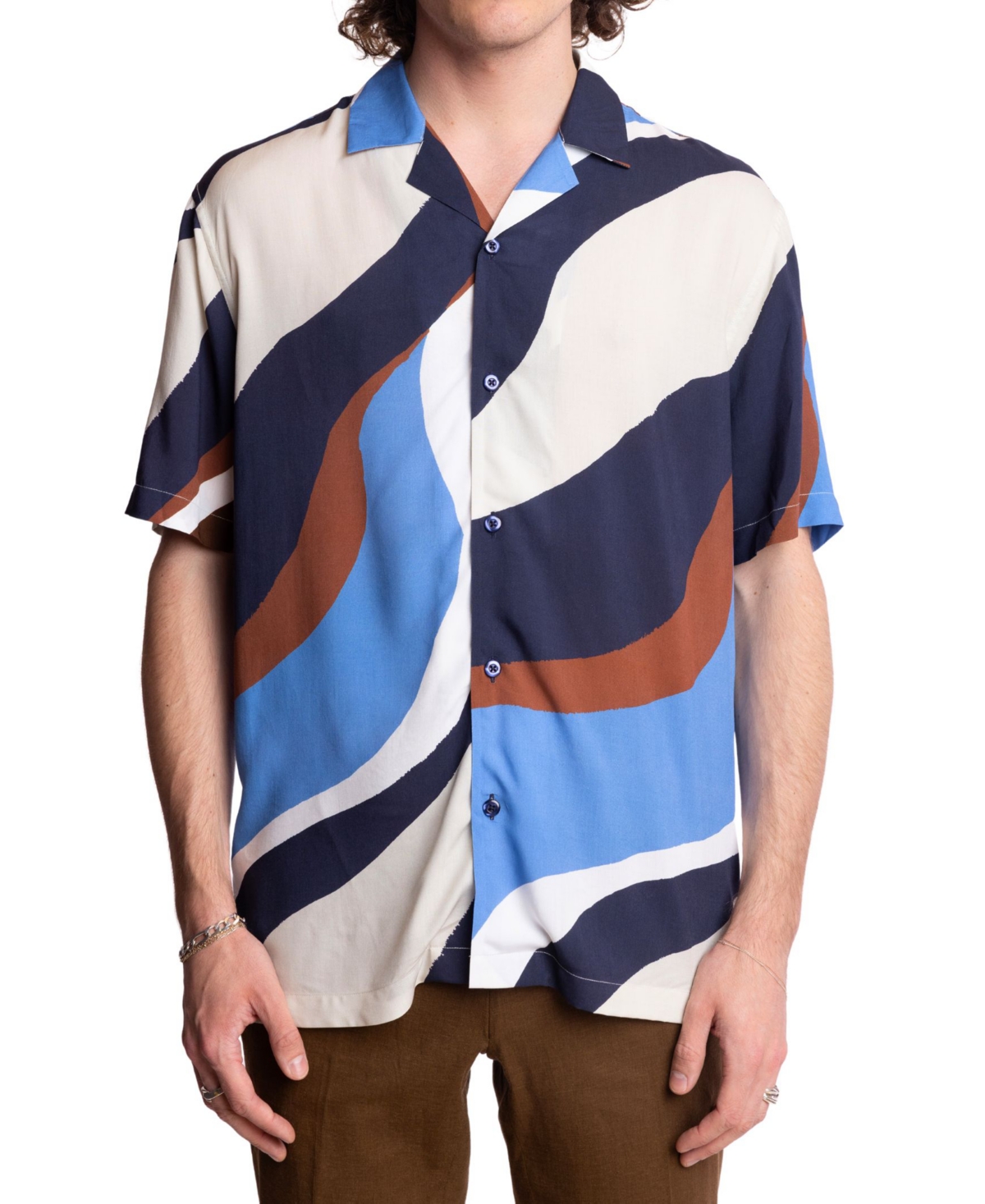 Men's Camp Collar Printed Shirt - Blue Brown White Swirls