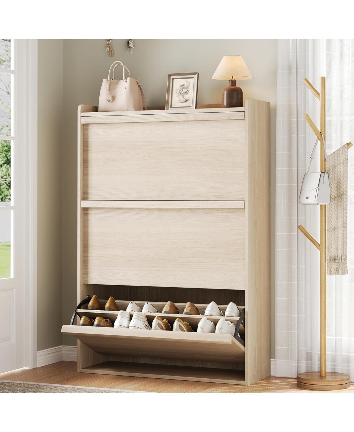 Shoe Cabinet with 3 Flip Drawers, Modern Shoe Rack Storage Organizer - Brown