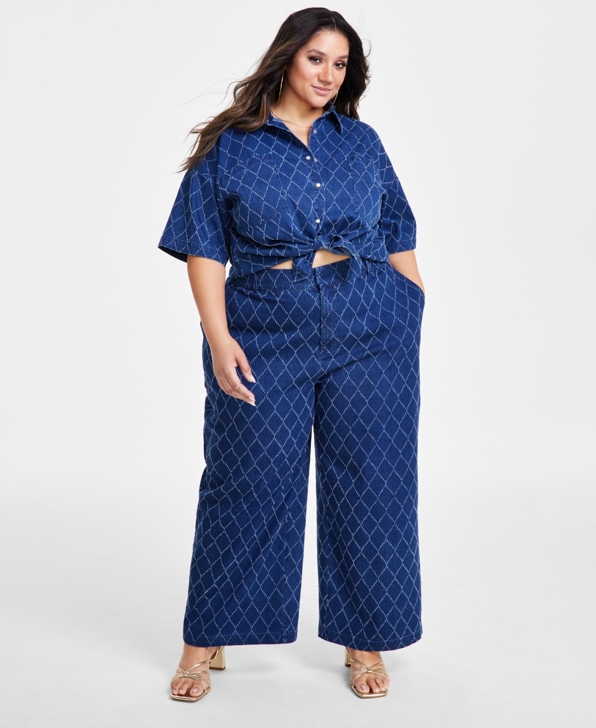 Plus Size Diamond-Texture Wide-Leg Jeans - Dark Wash