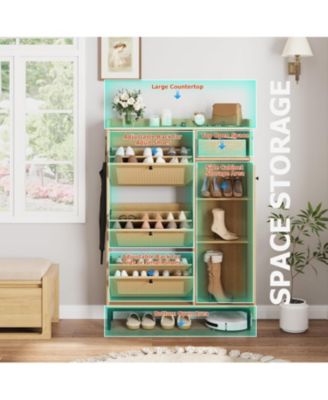 Shoe Cabinet Rattan with 3 Flip Drawers and 4-Tier Shoe Storage Cabinet, Freestanding Shoe Organizer with Adjustable Shelves for Entryway, Closet, Hallway