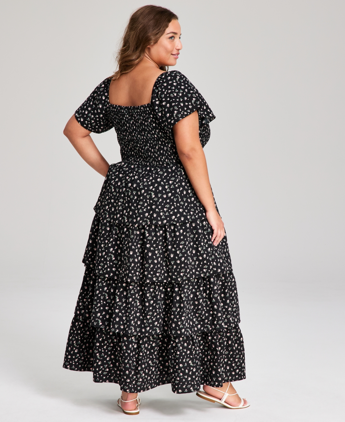 And Now This Trendy Plus Size Tiered Floral Maxi Dress, Exclusively At Macy's In Black Peach Floral