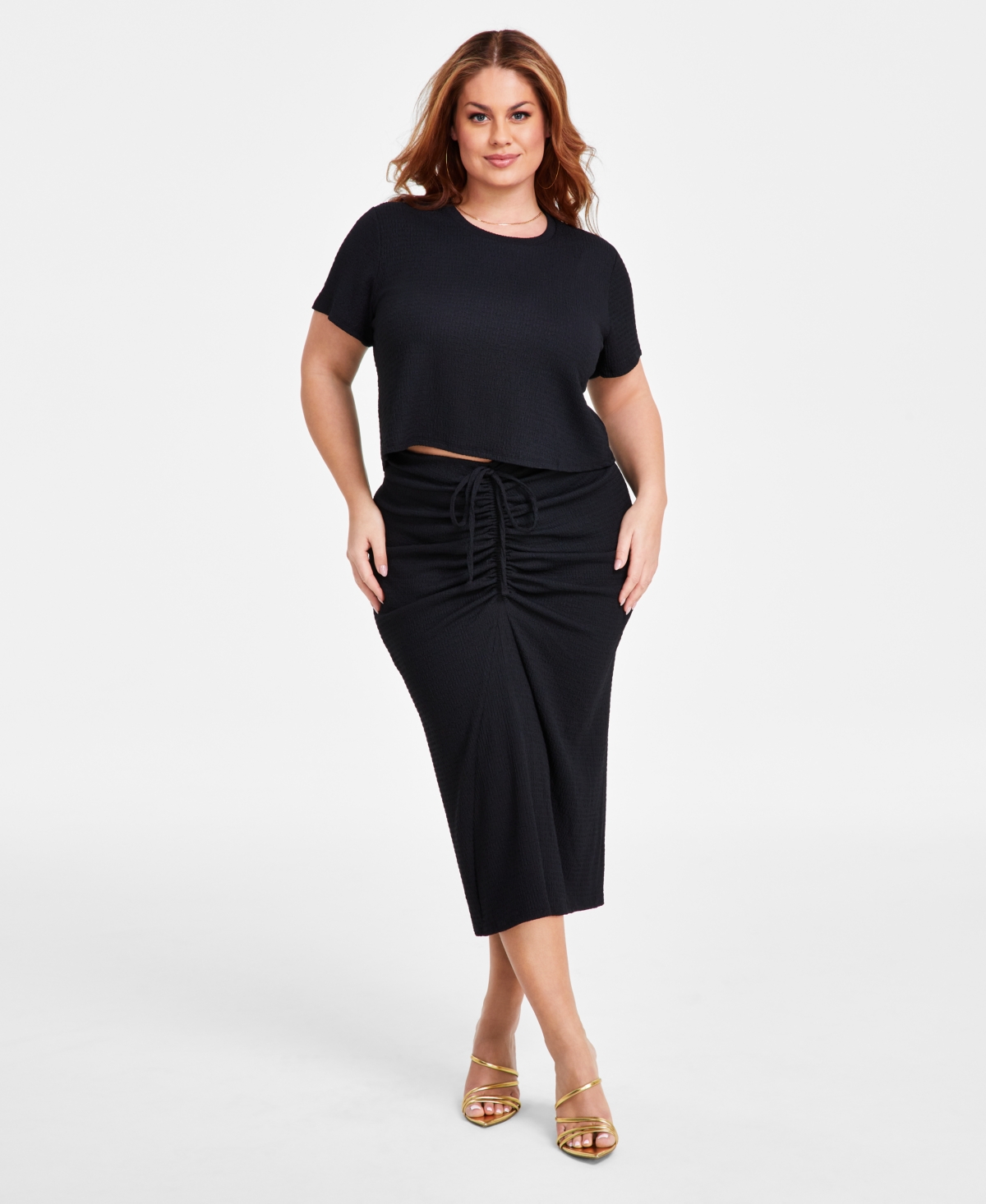 NINA PARKER PLUS SIZE TEXTURED DRAWSTRING-RUCHED SKIRT 