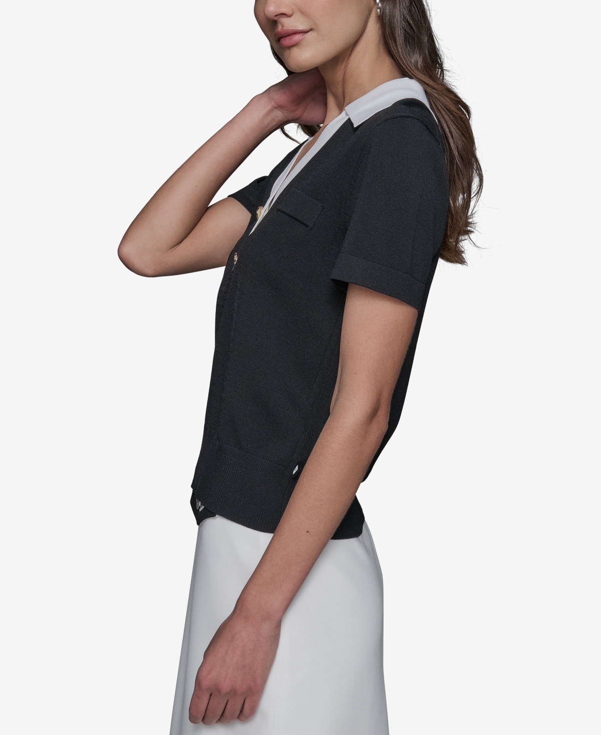 Shop Karl Lagerfeld Women's Colorblocked Knit Polo In Black,soft White