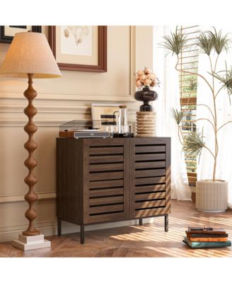 Farmhouse Sideboard Buffet Storage Cabinet with Strip Skeleton Door and Adjustable shelves, for living room dining room kitchen