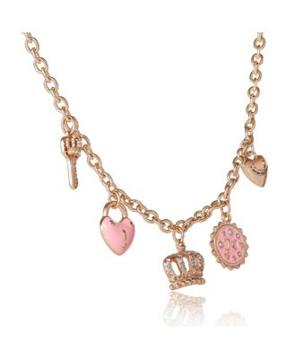 Gold-Tone Charm Necklace with Pink Enamel Accents and Crystal Details