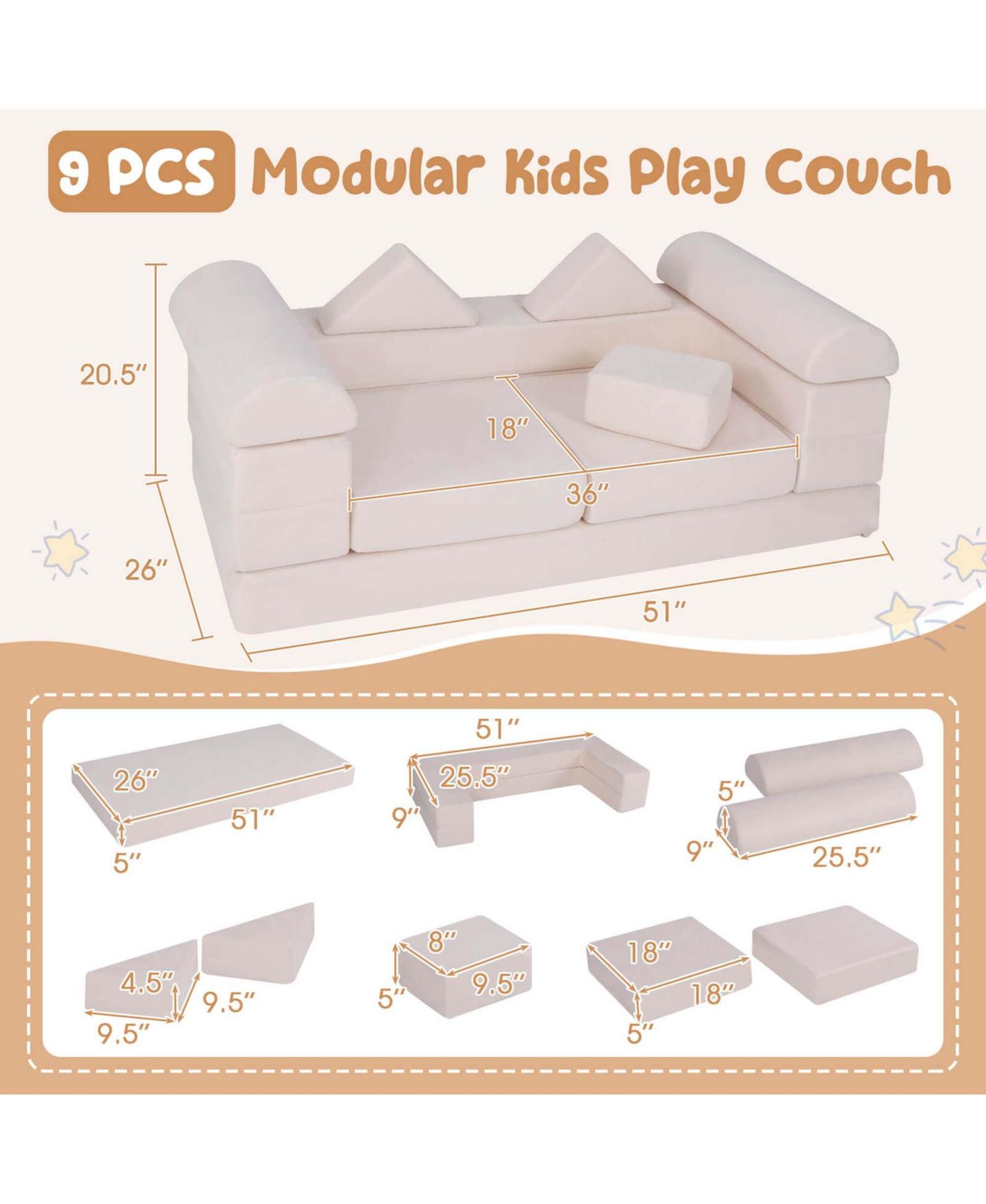 Детский конструктор Costway Kids Modular Play Couch 9-Piece Building Set, Ages 3+, цвет: Бежевый — фото 6
