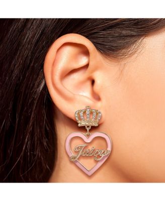 Gold-Tone Crown & Pink Heart Drop Earrings