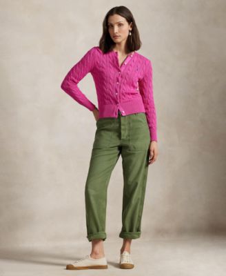 Women's Cable-Knit Cotton Crewneck Cardigan Sweater