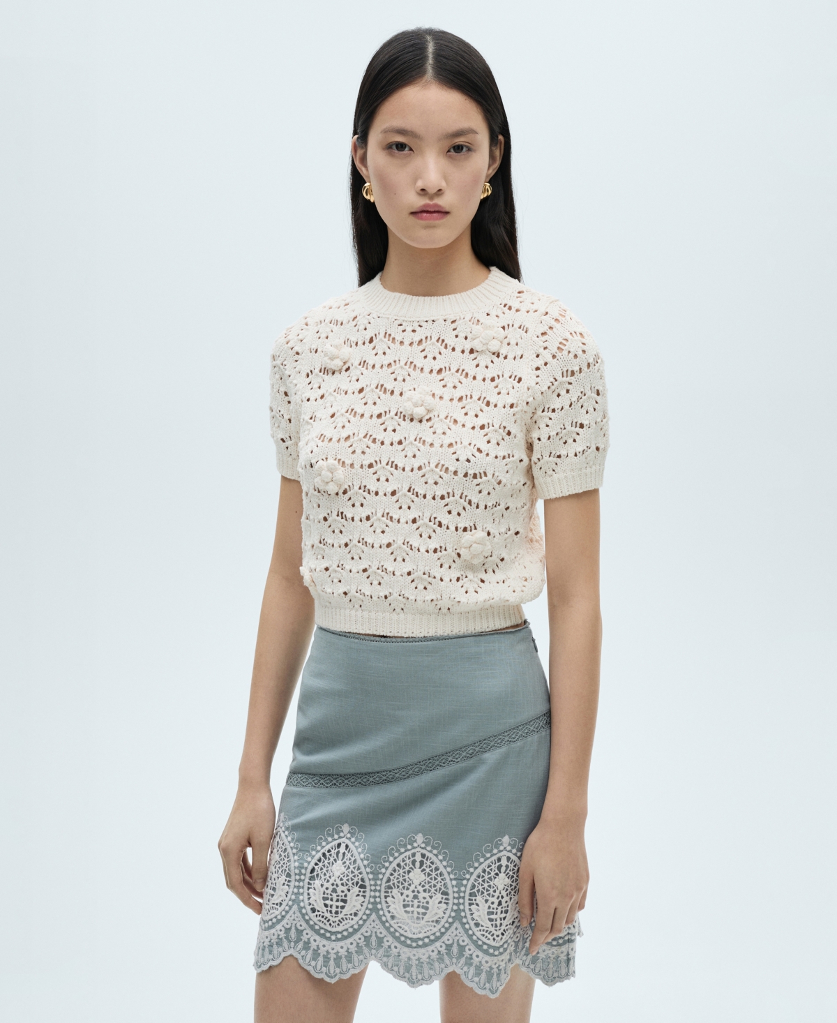 Mango Women's Embroidered Hem Cotton Skirt In Blue