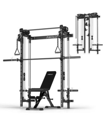 Folding Squat Rack, Wall Mounted Power Rack with Cable Crossover Machine & LAT Pull Down, Power Cage with 5 Adjustable Function Modes, Garage & Home Gym Package