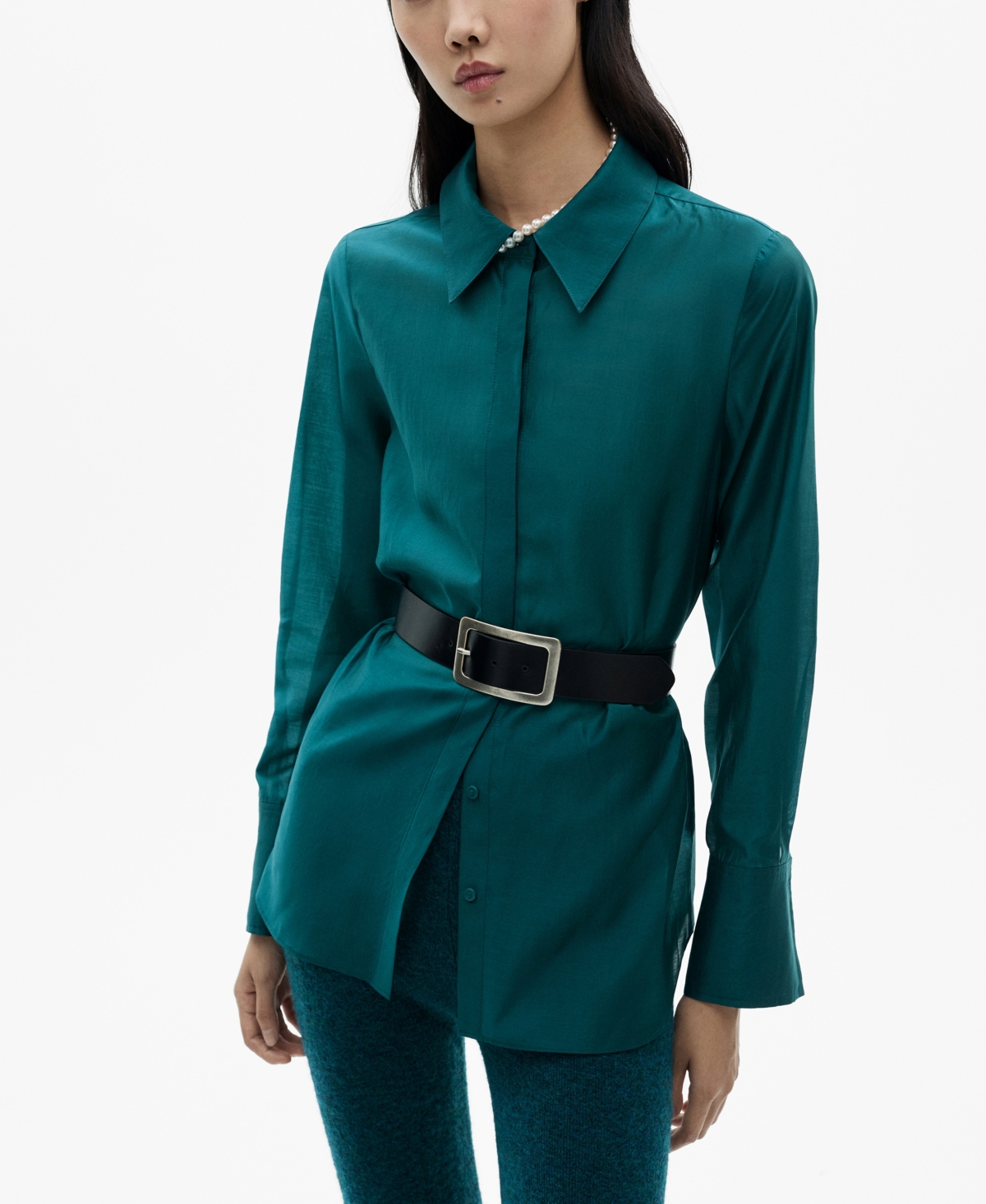 Mango Satin Shirt With Hidden Buttons Medium Brown In Teal