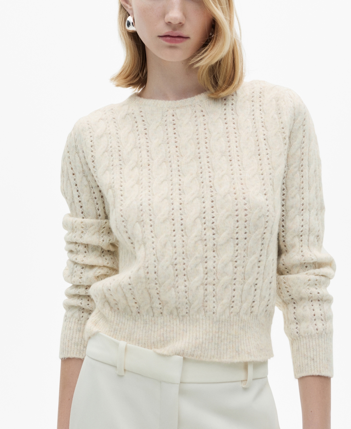 Mango Cable Knit Openwork Sweater In Ecru