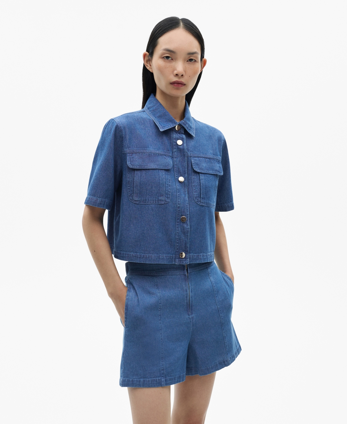 Women's Denim Effect Cotton Shorts - Medium Blue