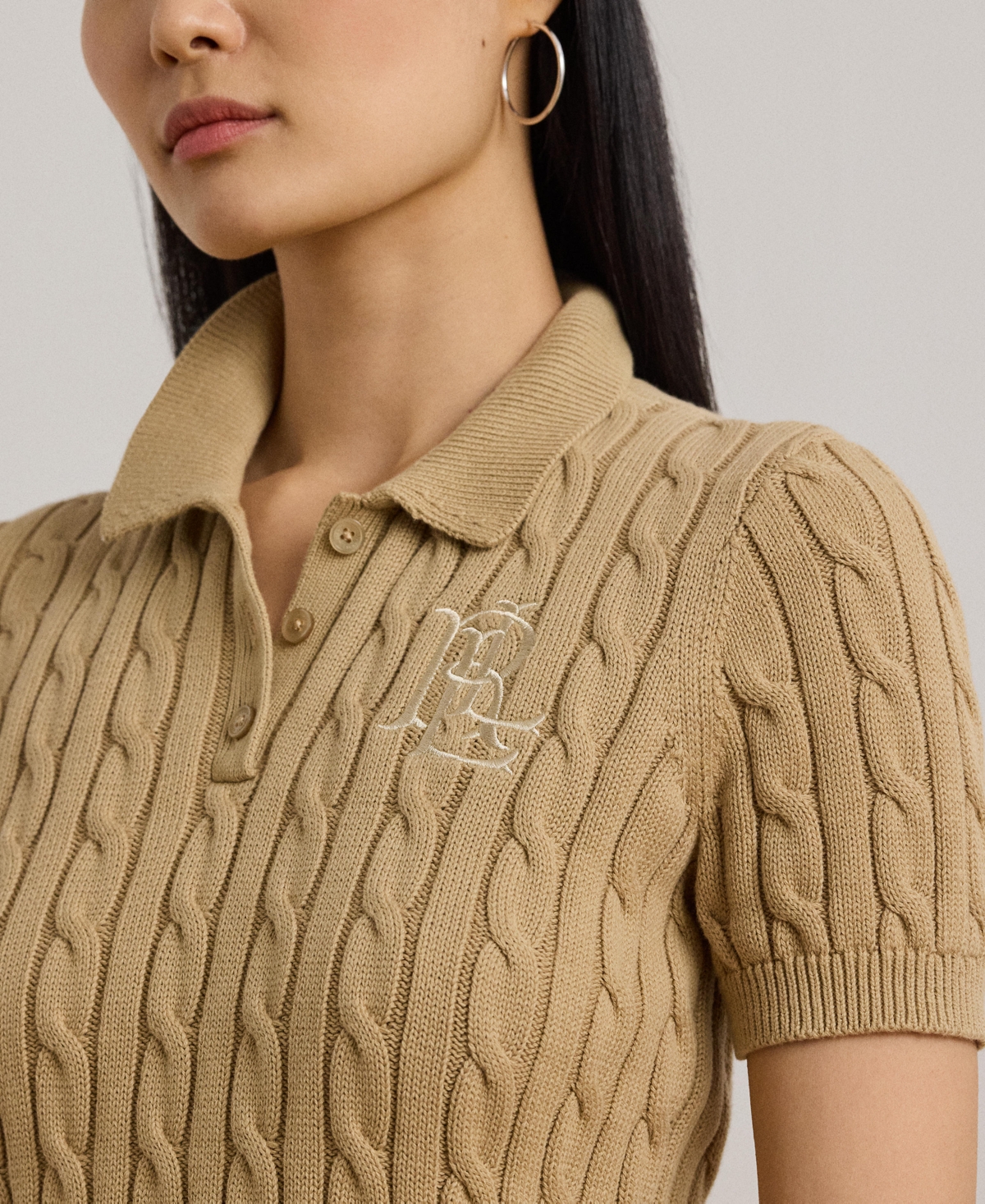 Ralph Lauren Cable-knit Cotton Polo Sweater In Birch Tan