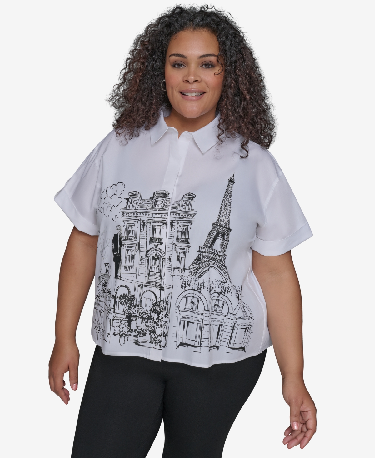 Karl Lagerfeld Plus Size City Scene Poplin Short Sleeve Shirt Crystal Cuffed Jeans In White