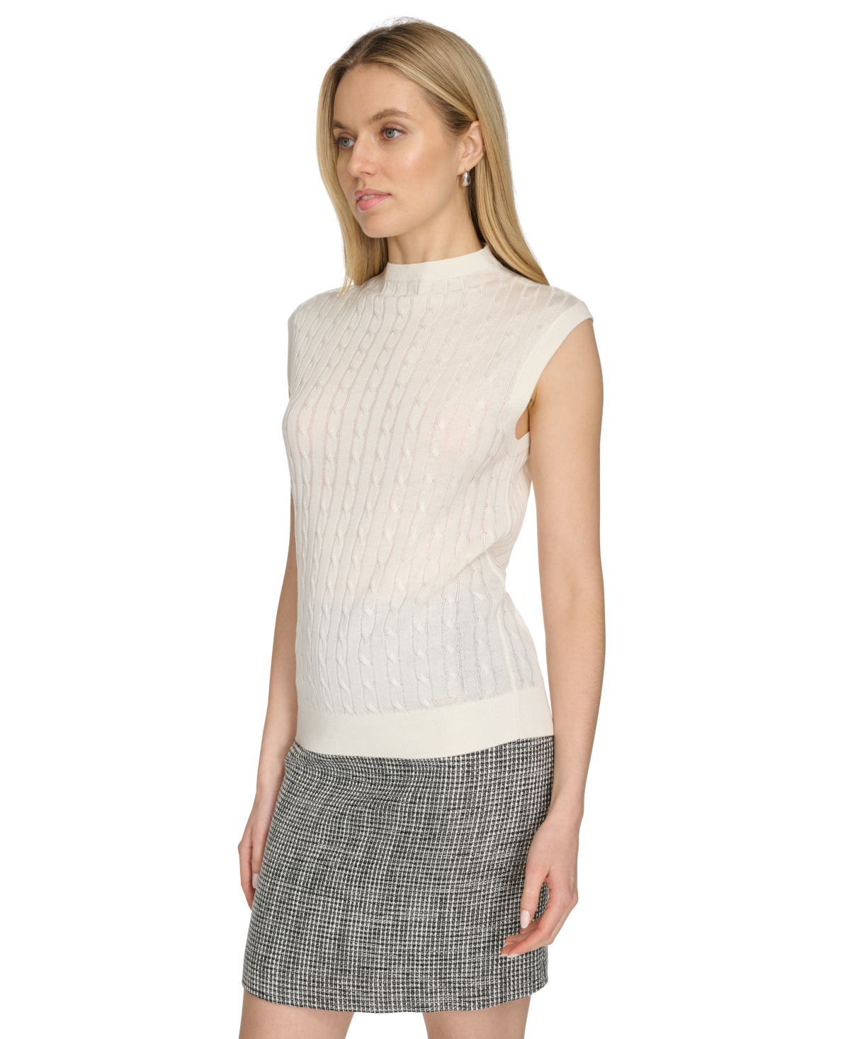 Shop Calvin Klein Petite Crewneck Cap-sleeve Sweater Top In Cream