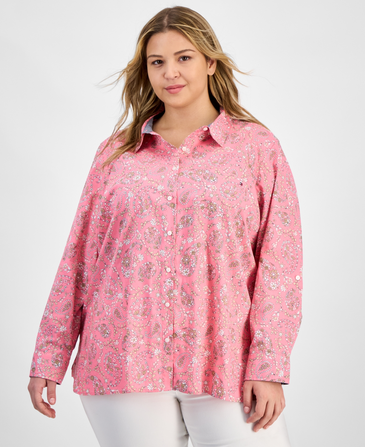 Tommy Hilfiger Plus Size Cotton Paisley-print Utility Shirt In Peony Multi