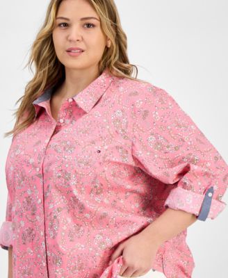 Plus Size Cotton Paisley-Print Utility Shirt