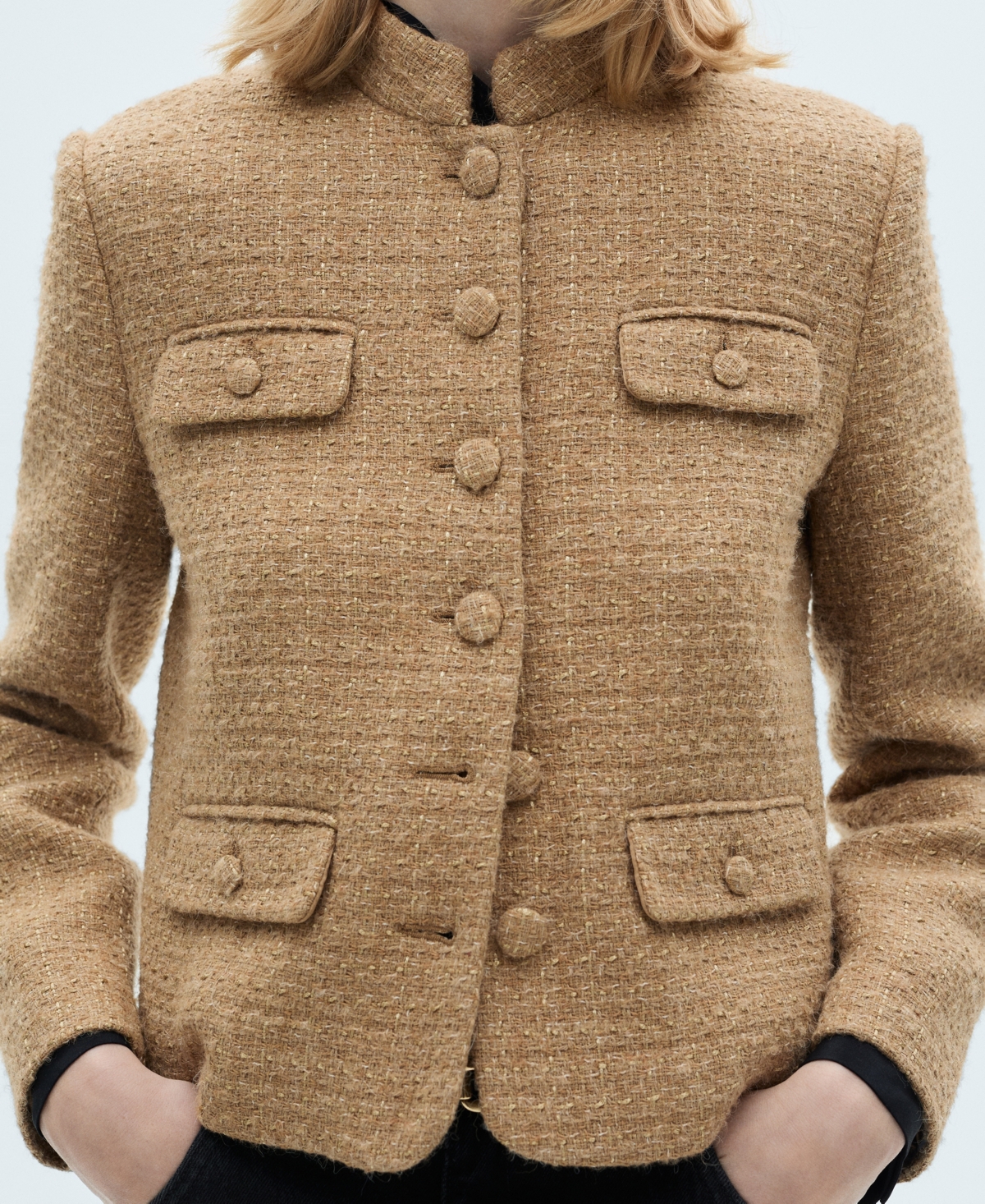 Mango Women's Mandarin Collar Tweed Blazer In Medium Brown