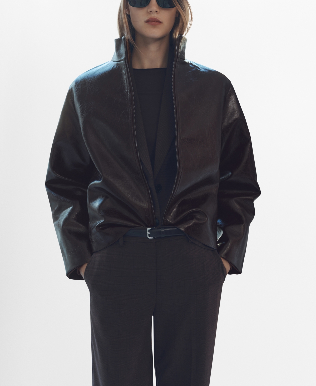Mango Perkins Collar Texture Jacket Brown In Blue