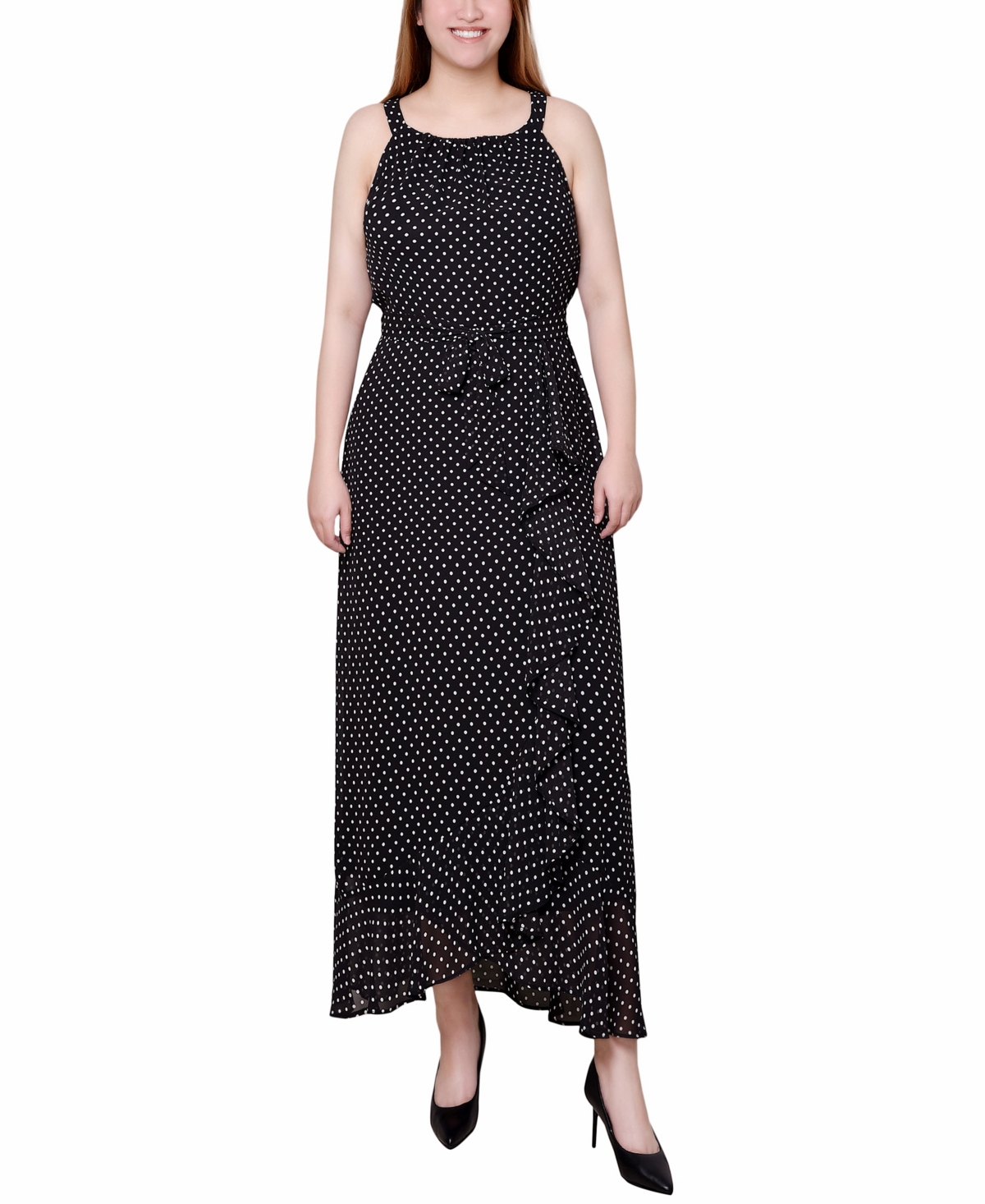 Ny Collection Petite Halter Front Chiffon Maxi Dress In Black Ivory Dot
