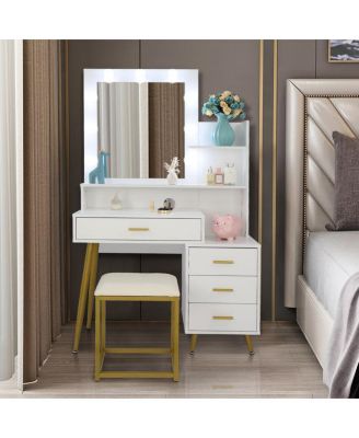 Large Vanity Set with 9 LED Bulbs, Makeup Table with Cushioned Stool, 3 Storage Shelves & 4 Drawers