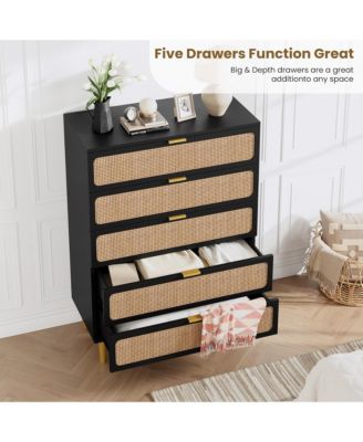 5-Drawer MDF Rattan Design with Metal Legs, Deep Drawers & Reinforced Frame Tall Bedroom Dresser