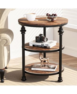 Round Side Table,Small End Table with 3 Shelves for Living Room,Bedroom, Night Stand Accent Coffee Table with Steel Frame for Small Spaces