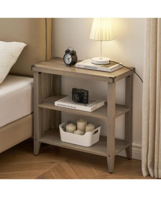 Grey Farmhouse End Table, 3 Tier Rustic Side Table, Narrow Sofa Table Set of 2 with Ample Storage Shelf, Rectangular Nightstand