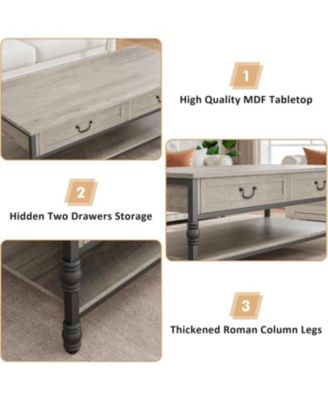 Coffee Table with Drawers, 41" Large Center Table with Storage Rectangular Cocktail Table, Mid Century Wooden Coffee Tables, Retro Living Room Table Vintage Tea Table