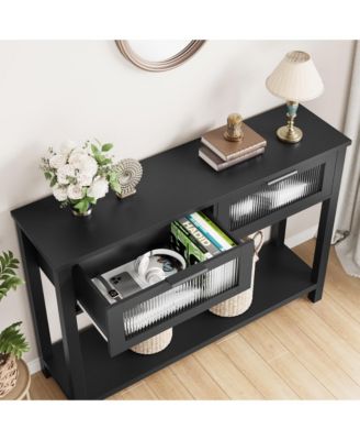 43'' Narrow Console Table with Glass Drawers 2 Tier Sofa Table Entryway Table w/Storage Wood Console Table Side Table, Display Table for Living Room, Bedroom, Hallway, Entryway, Foyer