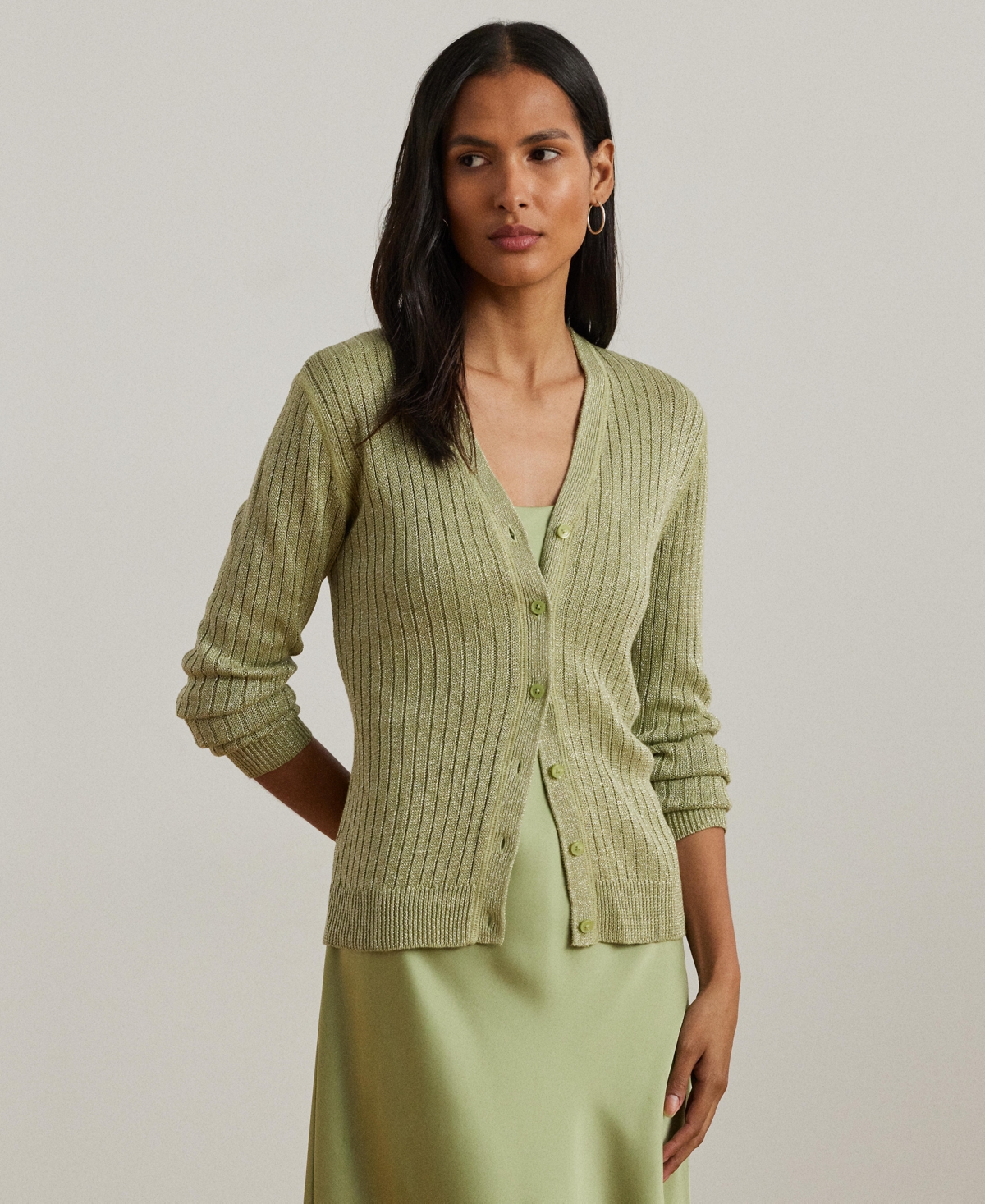 Ralph Lauren Metallic Linen-blend Rib-knit Cardigan In Light Olive