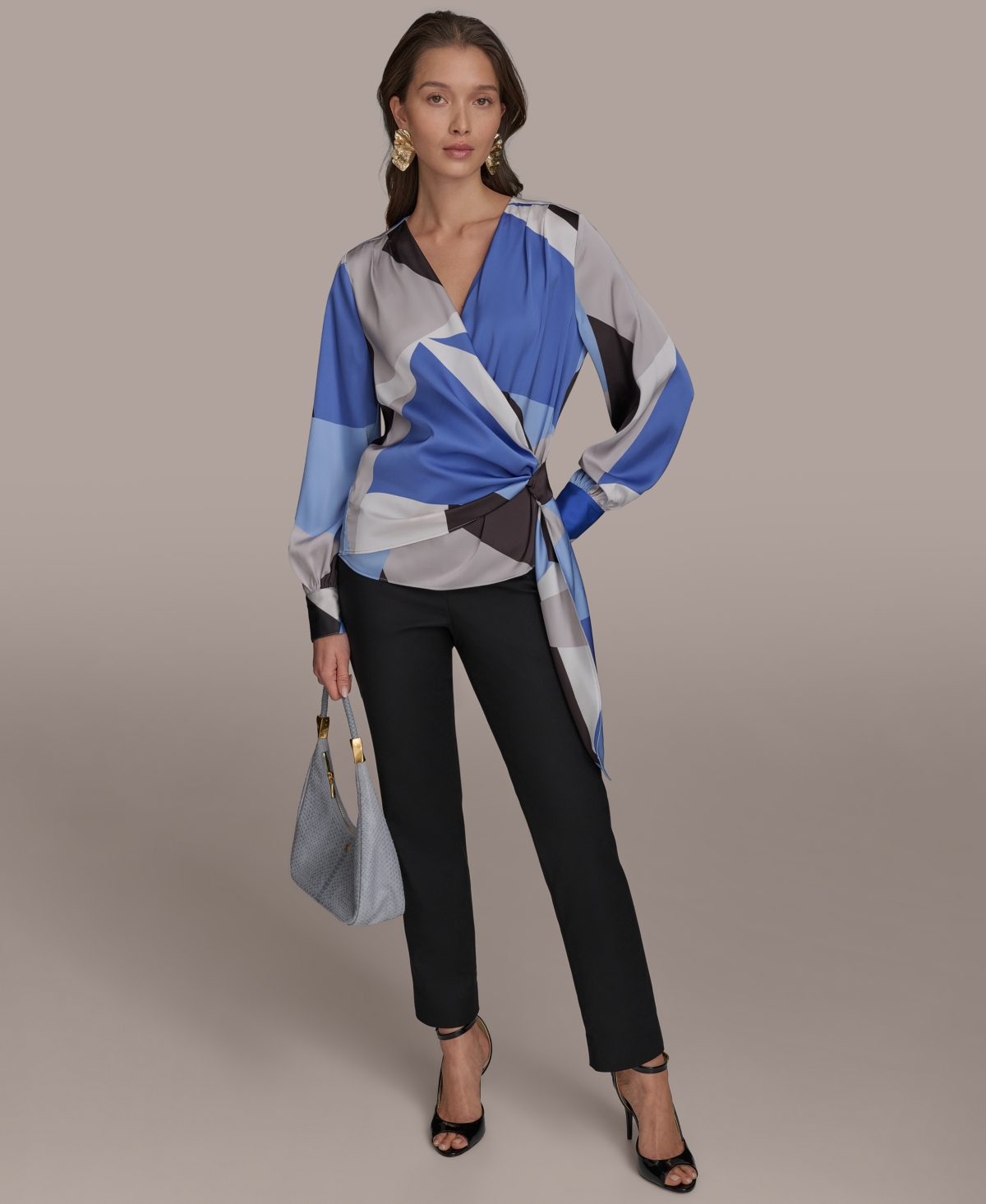 Shop Donna Karan Women's Faux-wrap Long-sleeve Top In Cielo Multi