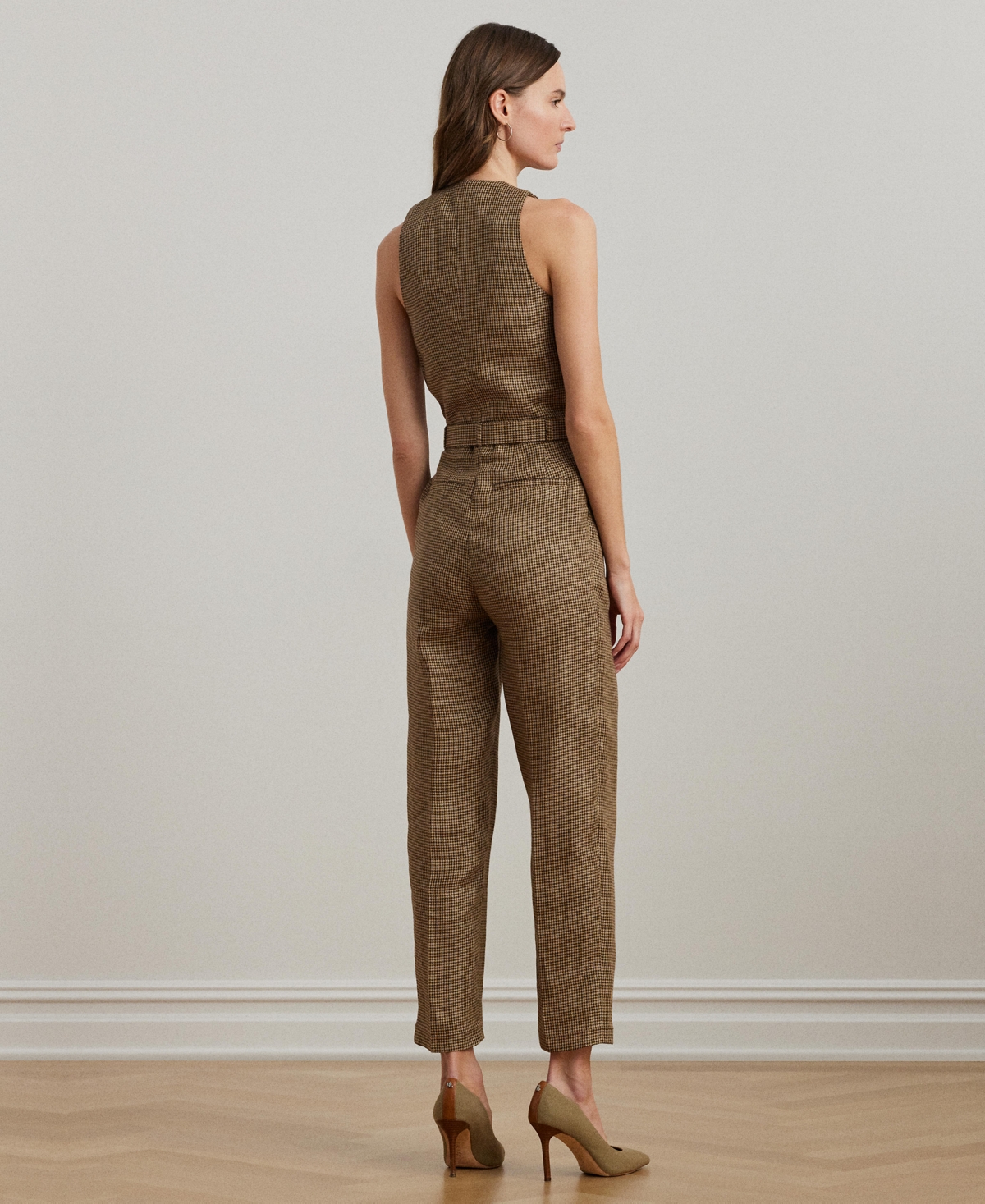 RALPH LAUREN WOMEN'S HOUNDSTOOTH BELTED LINEN JUMPSUIT 