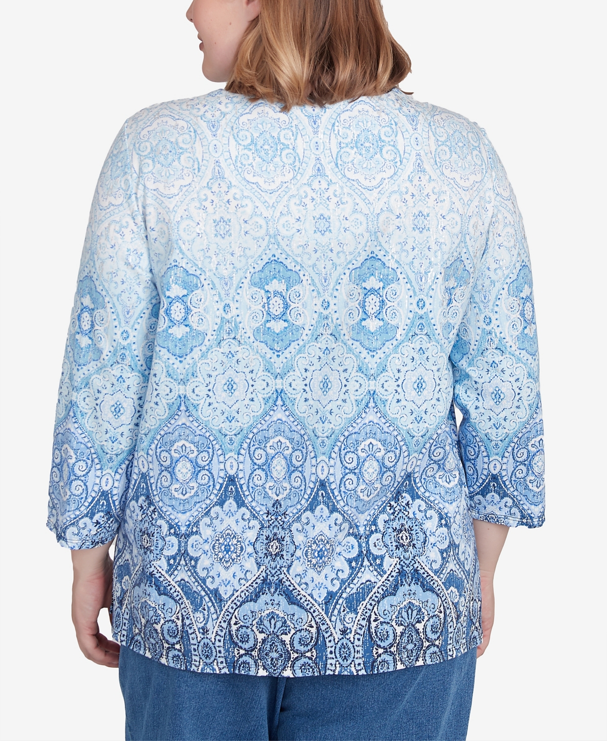 Alfred Dunner Plus Size Classic Split Beaded Neck Ombre Medallion Top In Navy