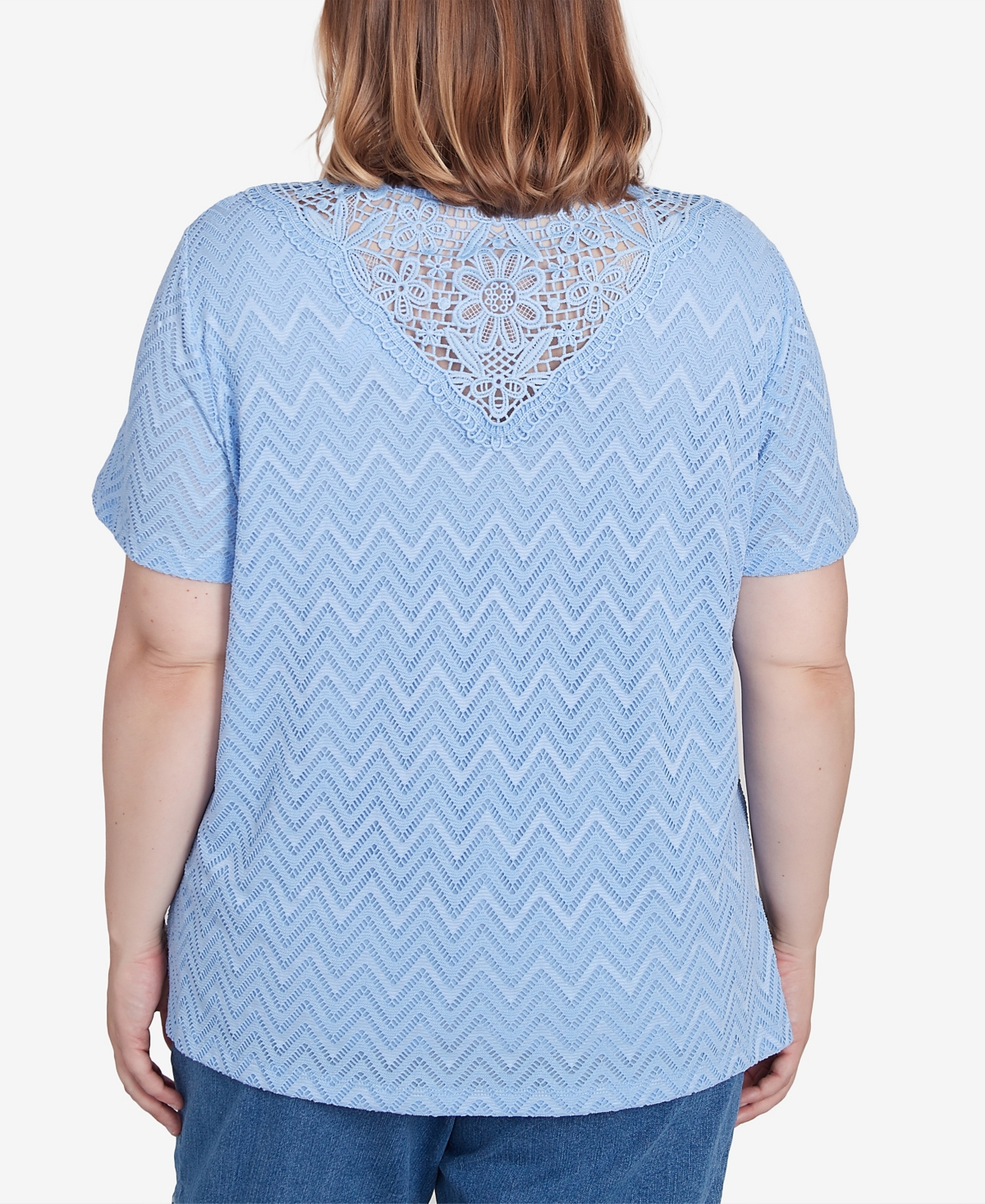 Alfred Dunner Plus Size Classic Textured Chevron Lace Back Tee In Iris