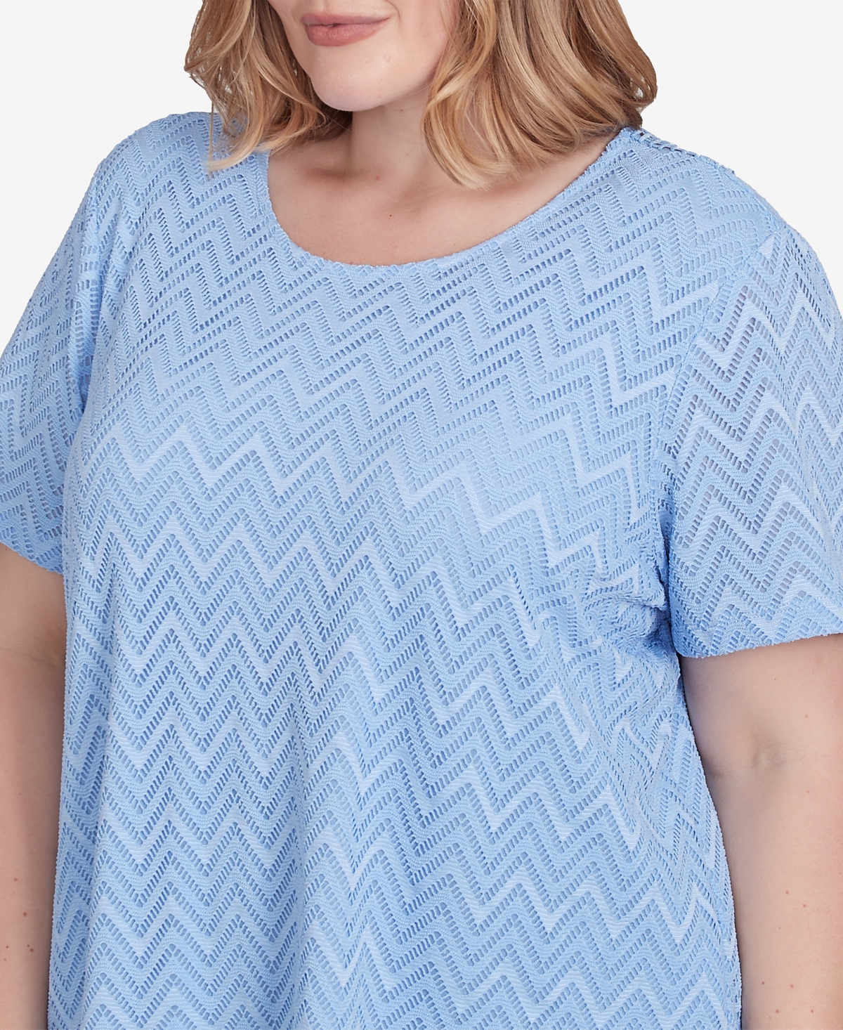 Alfred Dunner Plus Size Classic Textured Chevron Lace Back Tee In Iris