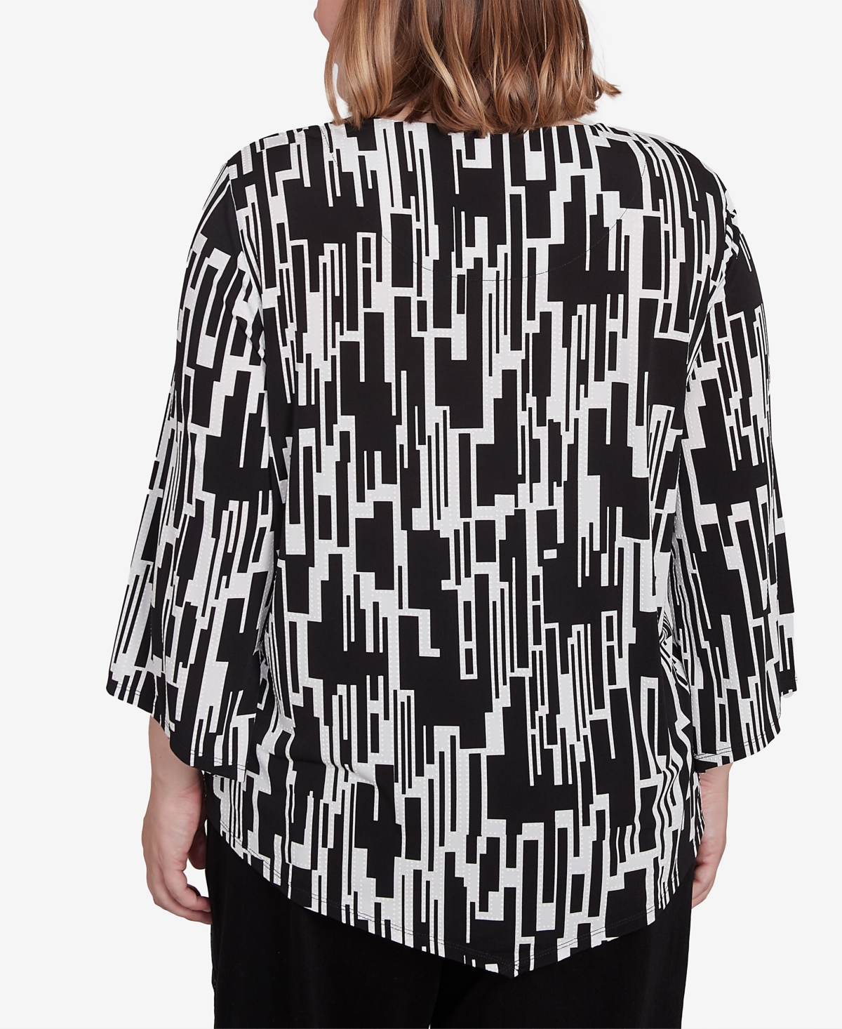 Alfred Dunner Plus Size Classic Vertical Geometric Top With Necklace In Black,white