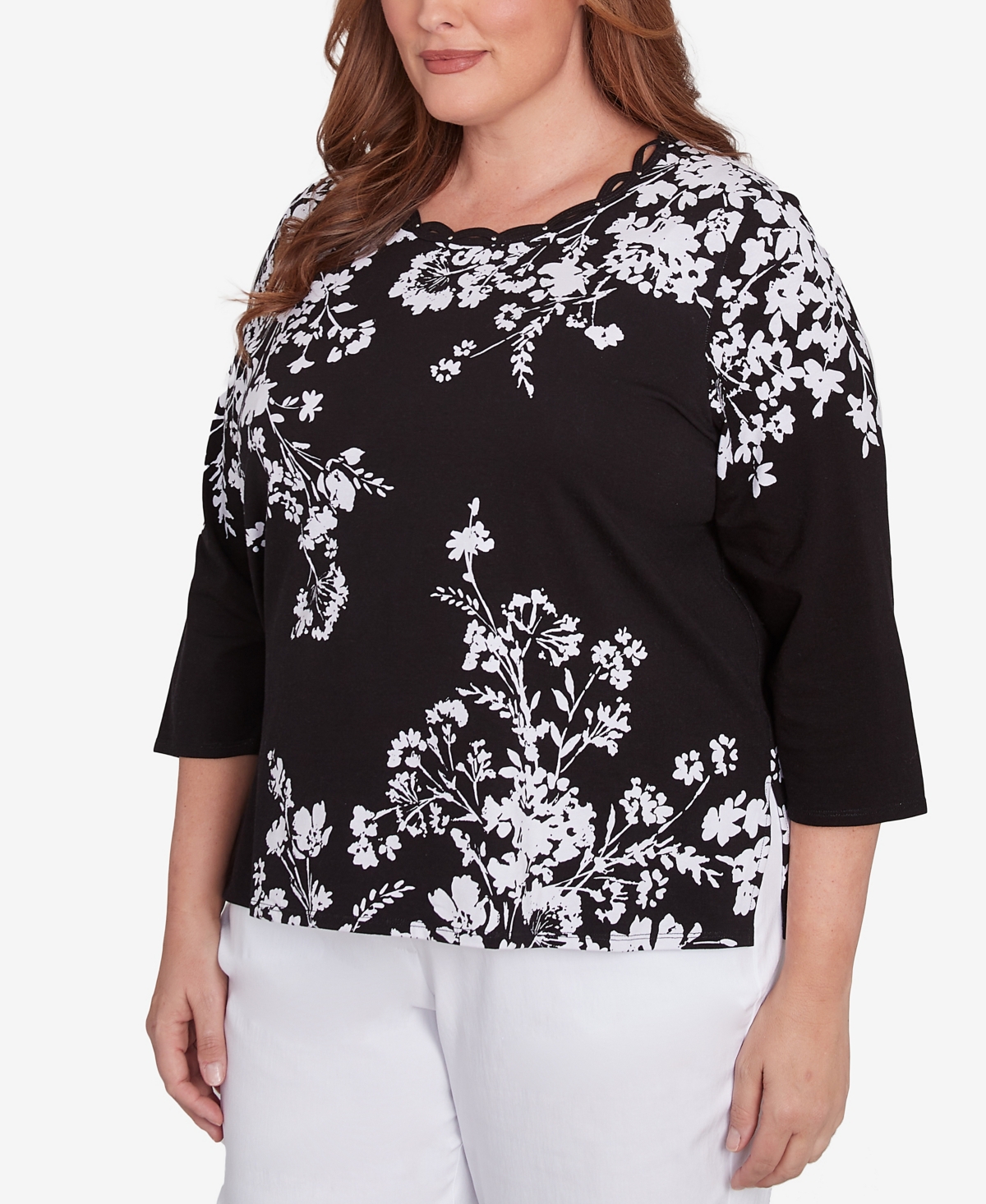 Alfred Dunner Plus Size Classic Asymmetric Floral Monotone Crew Neck Top In Black,white