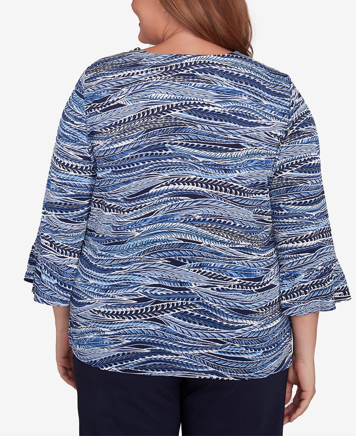 Alfred Dunner Plus Size Classic Beaded Split Neck Feathers Top In Navy