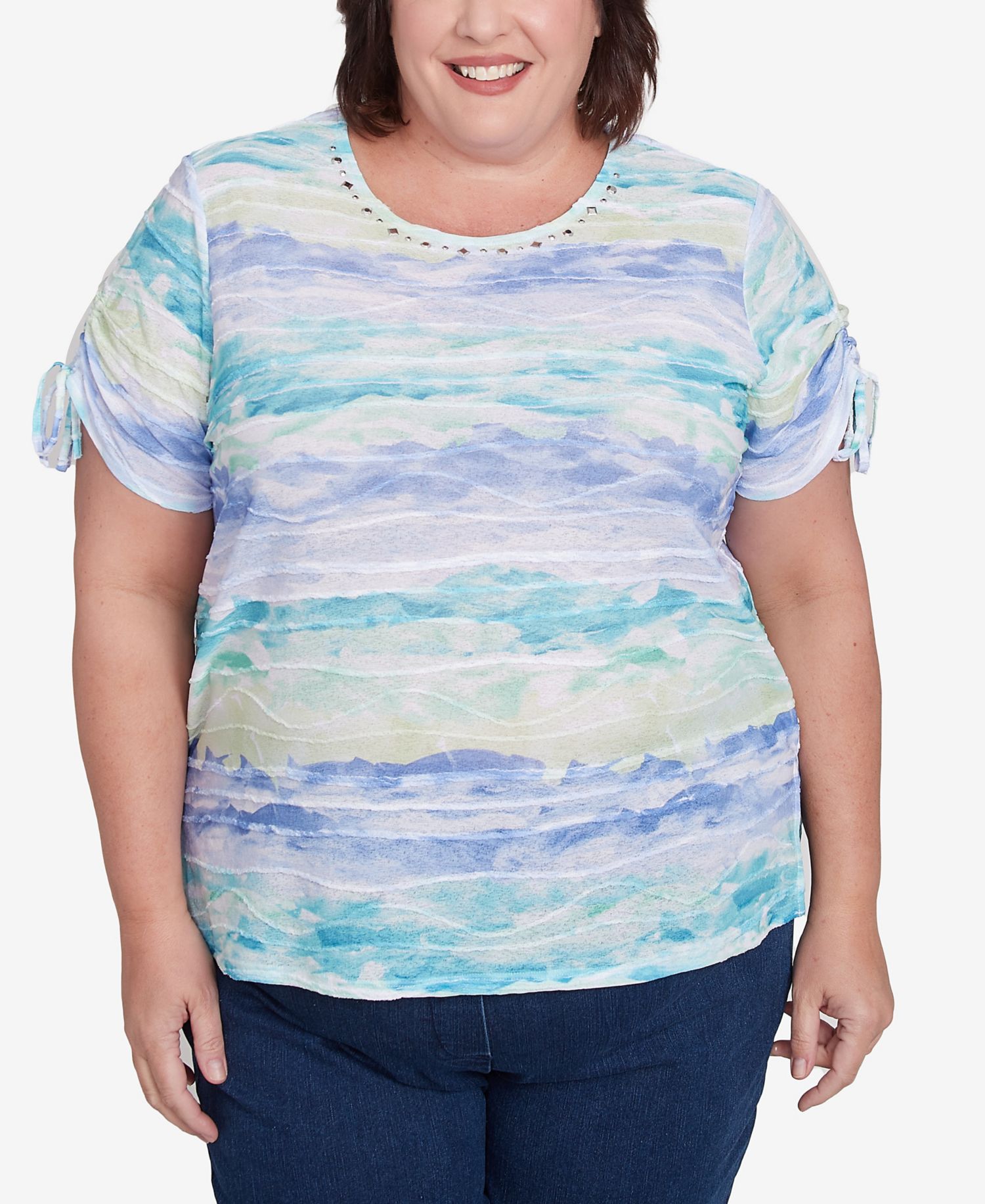 Plus Size Tied Short Sleeves Watercolor Top
