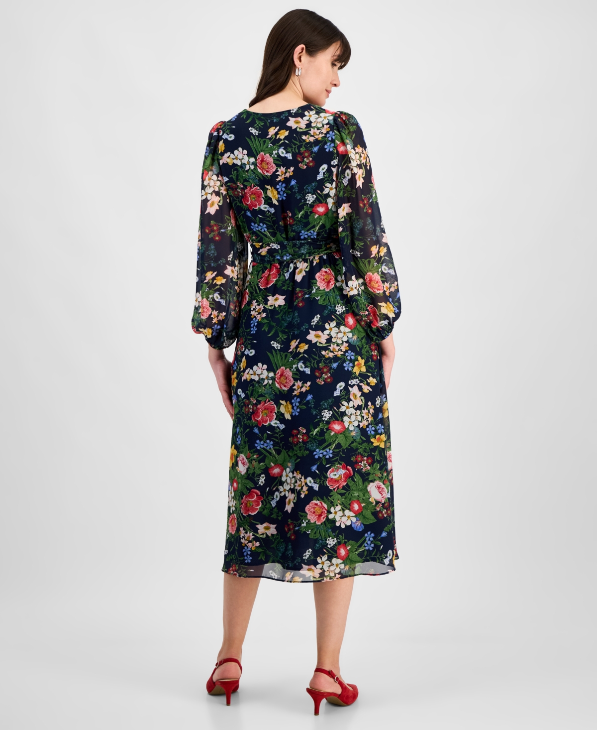 Anne Klein Floral Print Long Sleeve Chiffon Midi Dress In Distant Mountain Multi
