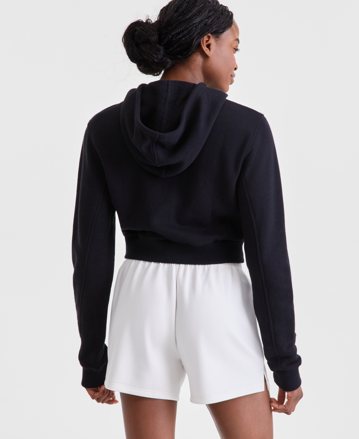 Shop Id Ideology Women's Cropped Full-zip Knit Hoodie, Exclusively At Macy's In Deep Black