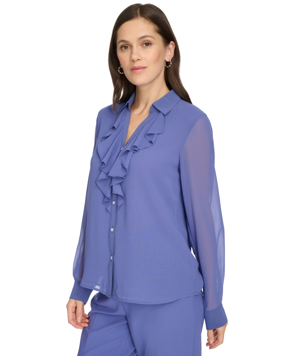 Calvin Klein Petite Ruffle-front Long-sleeve Blouse In Future Dusk