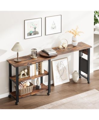 360° Rotating Side Table with Charging Station, Storage Bag & 6 Lockable Wheels Swivel End Table for Bedroom or Living Room